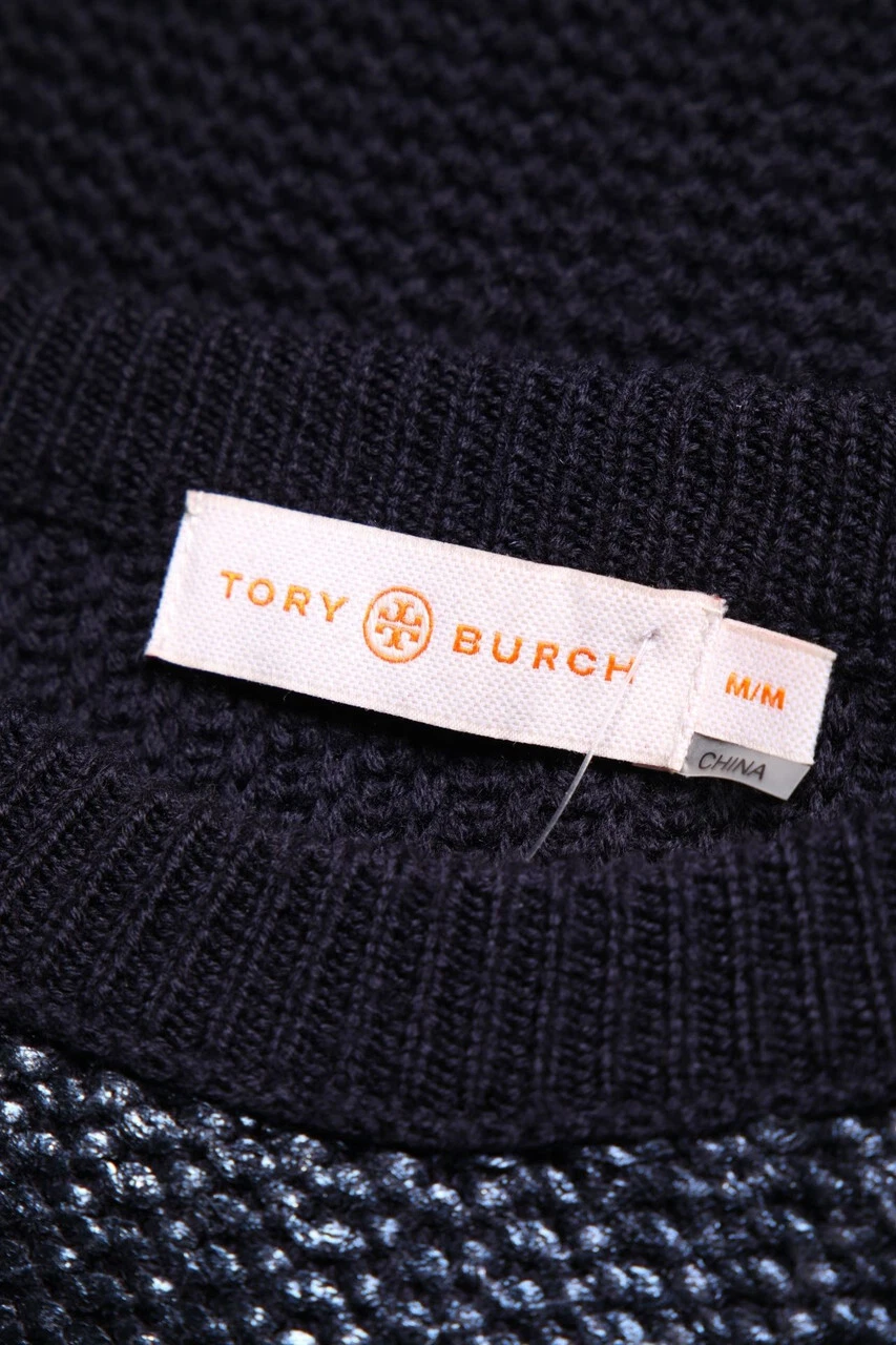 TORY BURCH Pullover a maniche corte effetto metallizzato M blu navy