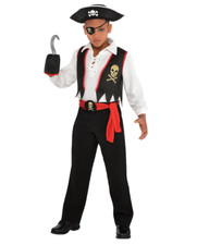 Deluxe Captain Pirate 5Pcc Boys Costume Kit Vest Sash Hook Eye Patch