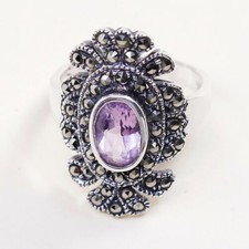 Sz 8, Sterling Silver handmade Ring, 925 Silver W/ amethyst n marcasite