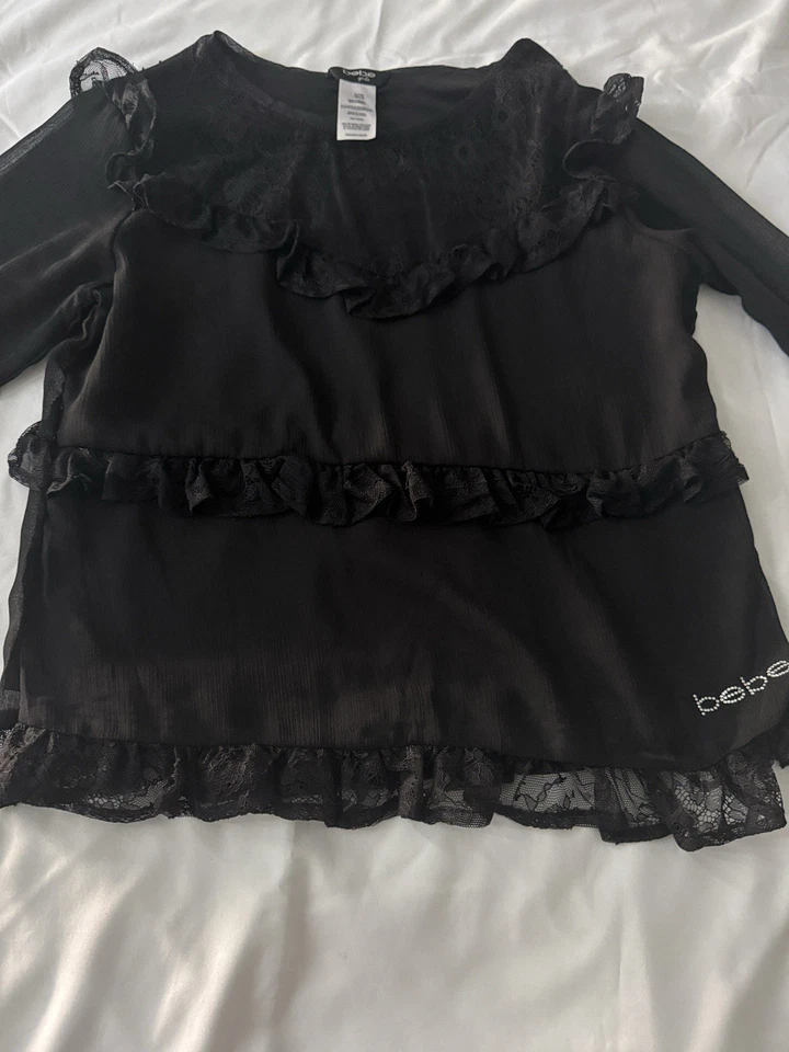 Bebe Girls Black Lace Ruffle Top Long Sleeve Shirt, Elegant Blouse, Size L(14) - Image 2 of 4