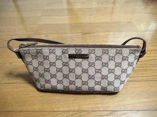 GUCCI GG Pouch Hand Bag Ziplock Leather Canvas Brown Beige Silver Hardware Japan