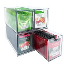 AZEZO 4-Pack Tea Bag Drawers Organizer - 4 Clear Plastic Drawer Tea Bag Holde...