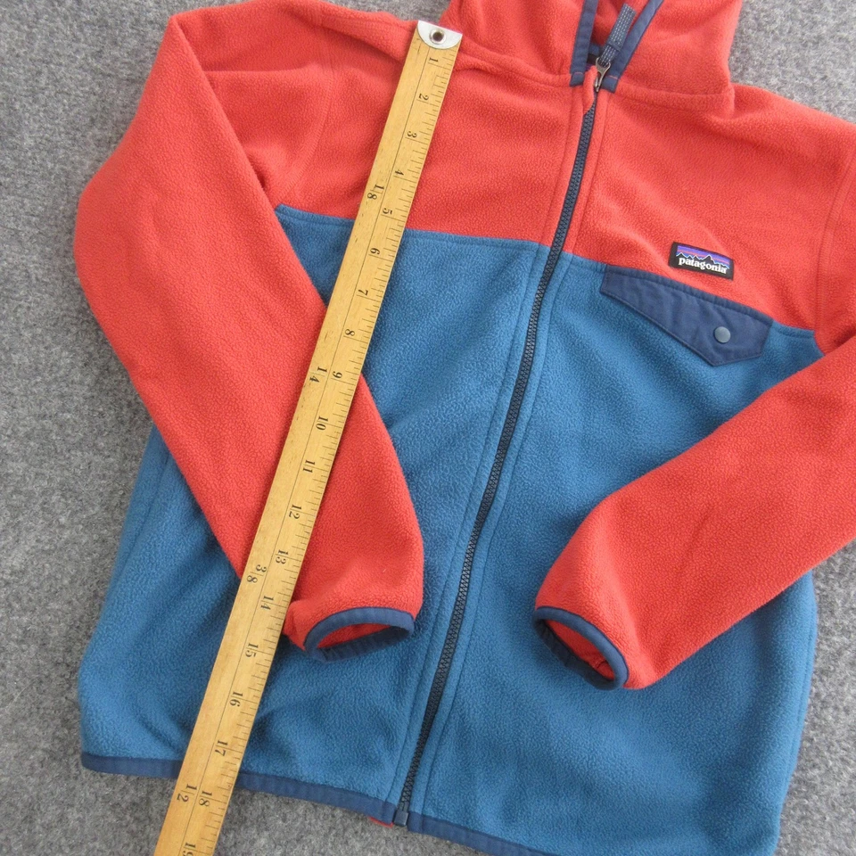 Patagonia Fleece Jacket Youth Small 7-8 Red Blue Hooded Full Zip Colorblock - Image 3 of 4