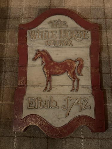 Vintage Pub Sign The White Horse Eftab. 1742 Scotch Whiskey 14 x 22 MADE IN USA