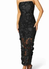 BEBE Strapless 3D Floral Lace Column Gown Black Women’s Formal Dress
