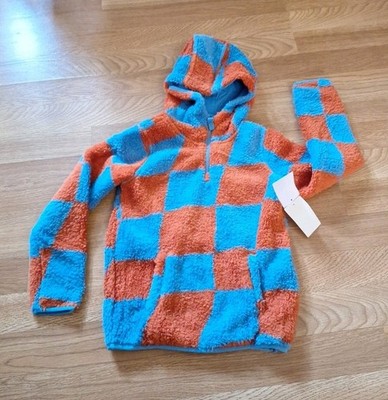 Tucker + Tate Rust  Brown Blue Check Hooded 1/4 Zip Sherpa Fleece Sweater Size 8
