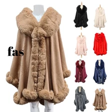 Women Ladies Faux Fur Poncho Fleece Soft Faux Fur Collar & Cuffs Cape Shawl Wrap