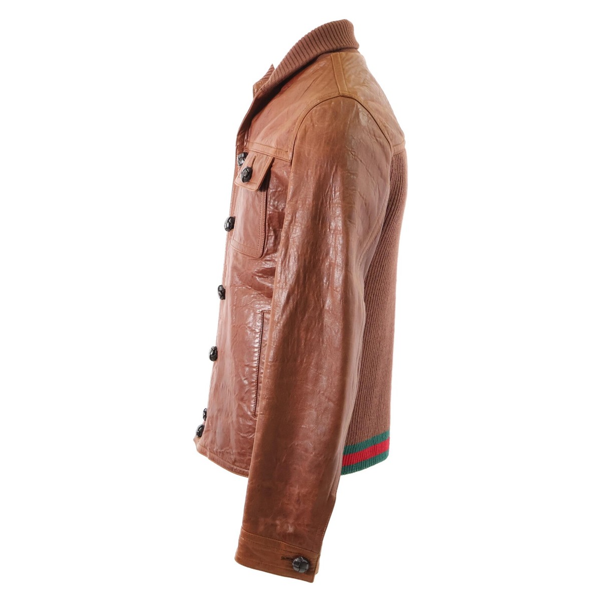 グッチGUCCIレザージャケット GUCCI 474055 Lamb leather x knit switching Jacket 46 Brown