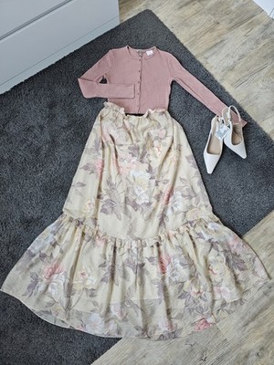 Maxirock floral Blogger Volants romantisch Bohoo Bohemian Sommer nude Töne 38 40