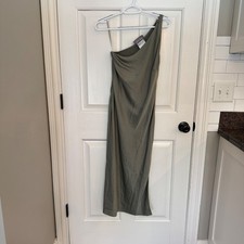 BHLDN Dylan One-Shoulder Satin Side-Slit Gown in Moss 45706