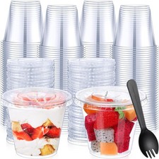 150 Pack 8oz Disposable Plastic Cups with Flat Lid and Sporks Set, Clear Fruit