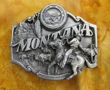 Vintage Oval Pewter Belt Buckle Horse  Rider Longhorns