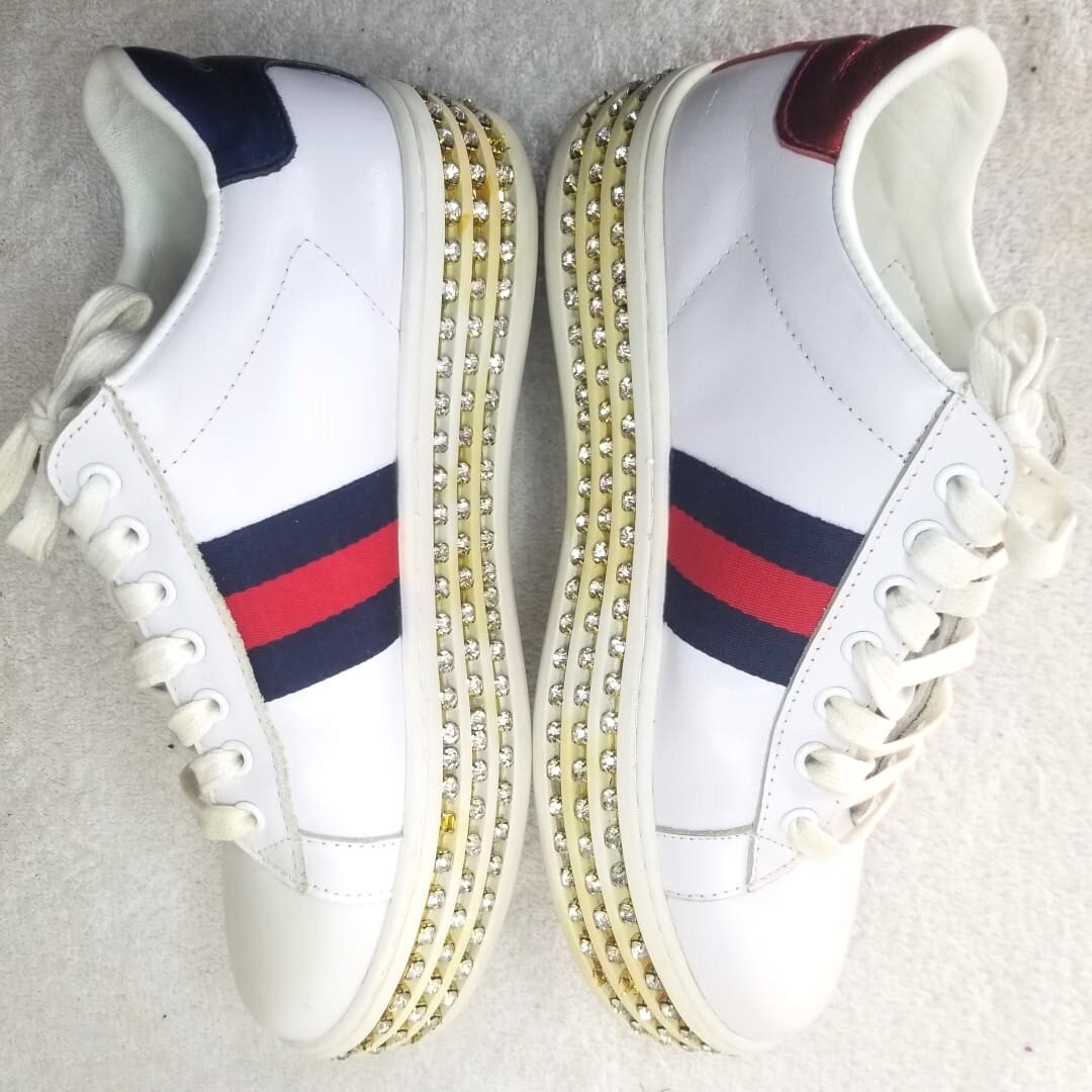 GUCCI Calfskin Crystal Web Bee Embroidered - Womens Ace GUCCI Calfskin Crystal Web Bee Embroidered - Womens Ace
