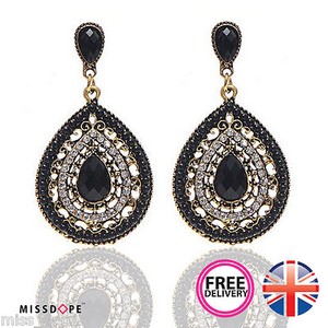 New Pear Black Crystal Drop Earrings Gold Long Womens Las Image Is Loading New Pear Black Crystal Drop Earrings Gold Long