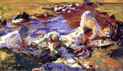 Oil painting happy party  stream landscape Dolce-Far-Niente-John-Singer-Sargent