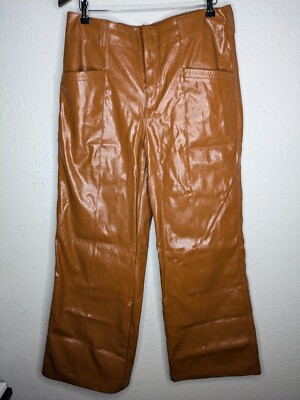 Free People Star Crossed Lovers Caramel Brown Wide Leg Vegan Leather Pants Sz 12