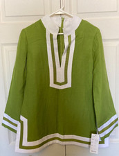 Vintage 90's Chetta B Kiwi Green White V Neck Linen Blend LS Zip Tunic Sz 12 NWT