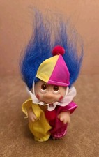 Vintage 1985 DAM Troll Doll 3 Amber Eyes Blue Hair Clown Outfit W/Hat
