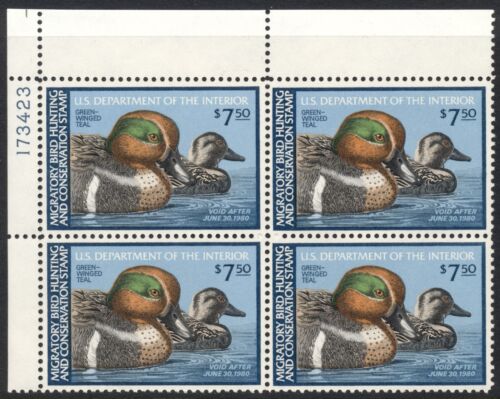 US Federal duck stamp 1979 RW46 $7.50 GWT Plate Block of 4 MNH XF Plate #173423 - Foto 1 di 1