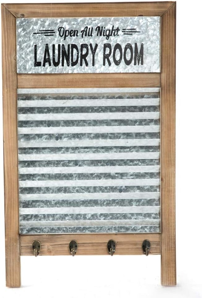 Vintage Galvanized Washboard with Towel Hooks - Stylish