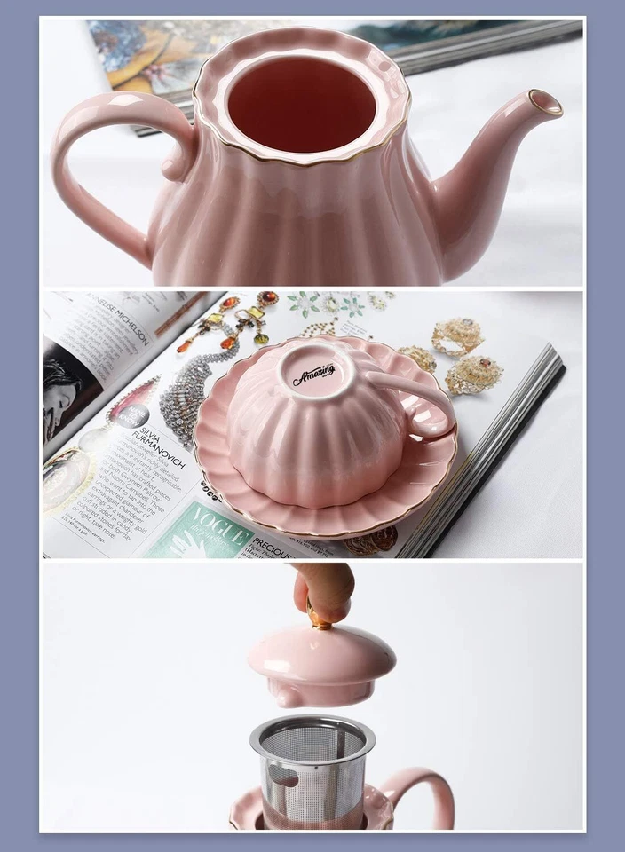 Tetera de cerámica con infusor extraíble de acero inoxidable, flor... Foto 3 de 4