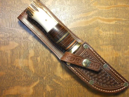 Custom Mike Malosh USA Skinner Knife  India Stag  Mosher Leather Sheath unused