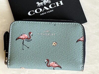 COACH FLAMINGO PRINT ZIP AROUND CARD CASE AQUAMARINE/MULTI/ F30046
