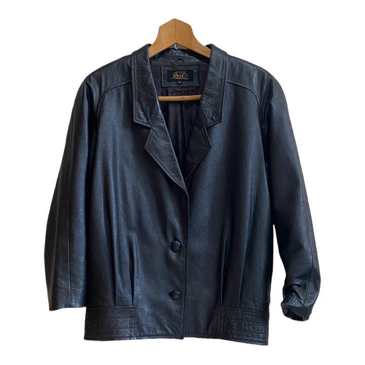 Leather jacket, stamped, embossed, floral, paisley, black, vintage Size : XL(LL)