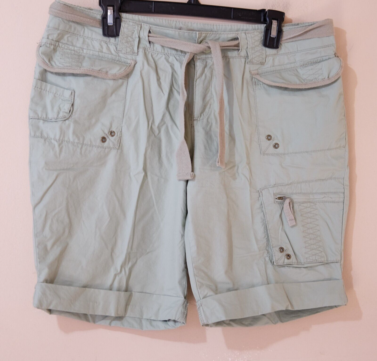 No Boundaries Cargo Shorts Bermuda Zip Pocket Green 100% Cotton