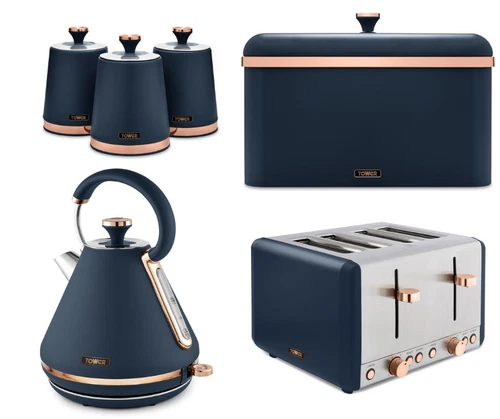 Tower Cavaletto Kettle Toaster Bread Bin & Canisters Set Midnight Blue/Rose Gold