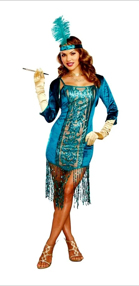 Vestido Dreamgirl años 20 High Society verde azulado lentejuelas Gatsby flapper disfraz para mujer pequeño Foto 3 de 4