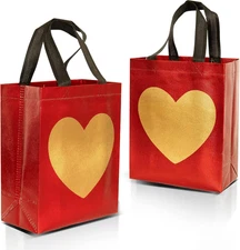 Red Gift Bags with Handles and Gold Heart Print – 12 Pack Medium Size Reusable G