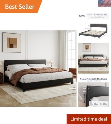 King Size Bed Frame with Adjustable Headboard, Faux Leather Platform Bed with...