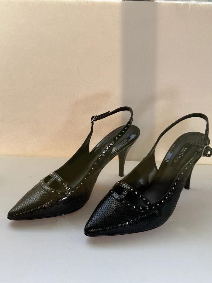 White House Black Market Heels Black Sling Backs Leather Studs US 8M - Image 2 of 4