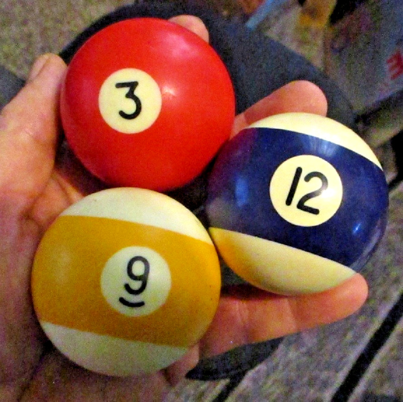 THREE ( 3 ) REPLACEMENT BILLIARD BALLS  3, 9, 12  / EXCELLENT