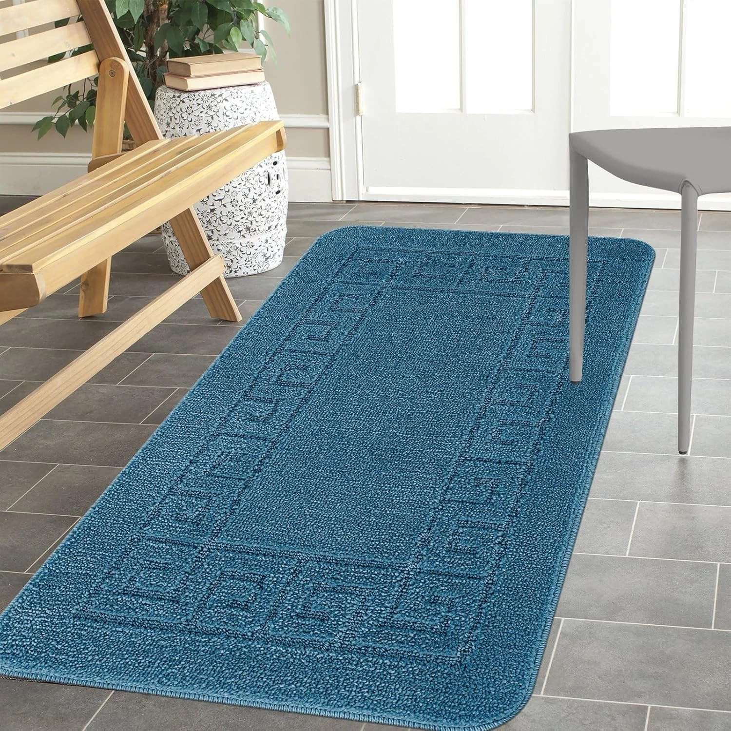 Blue Rocco Rug Anti Slip Washable Indoor Door Mat Heavy Duty Kitchen Carpet