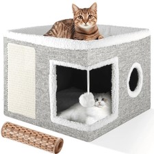 Cat Bed/Cat House for Indoor Cats with 2 Cushion, Large Cat Cave with Scratch