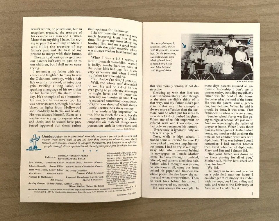 Rare Vintage Guideposts Magazine July 1957 Will Rogers Excellent Condition - Image 2 of 4