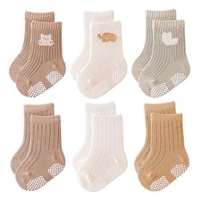 Baby Grip Socks Non Slip Grips Girls 0-6 Months White Coffee Yellow 6 Pairs