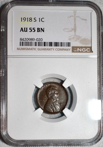 NGC AU-55 BN 1918-S Lincoln Cent, Strong Mint Luster & Lightly Circulated.