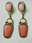 Antiqued Silver Tone Salmon Pink Cabochon Pierced Earrings e449