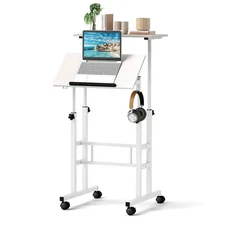 Height Adjustable Mobile Standing Desk w/Tiltable Desktop & 2 Hanging Hooks