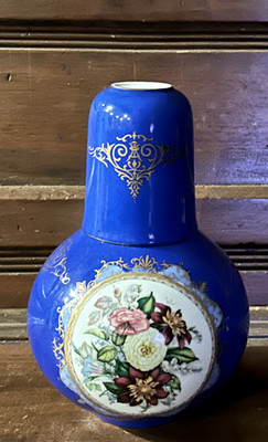 VTG Imperial Elois Hand Painted Cobalt Blue Floral Tumble Up Bedside Carafe Set