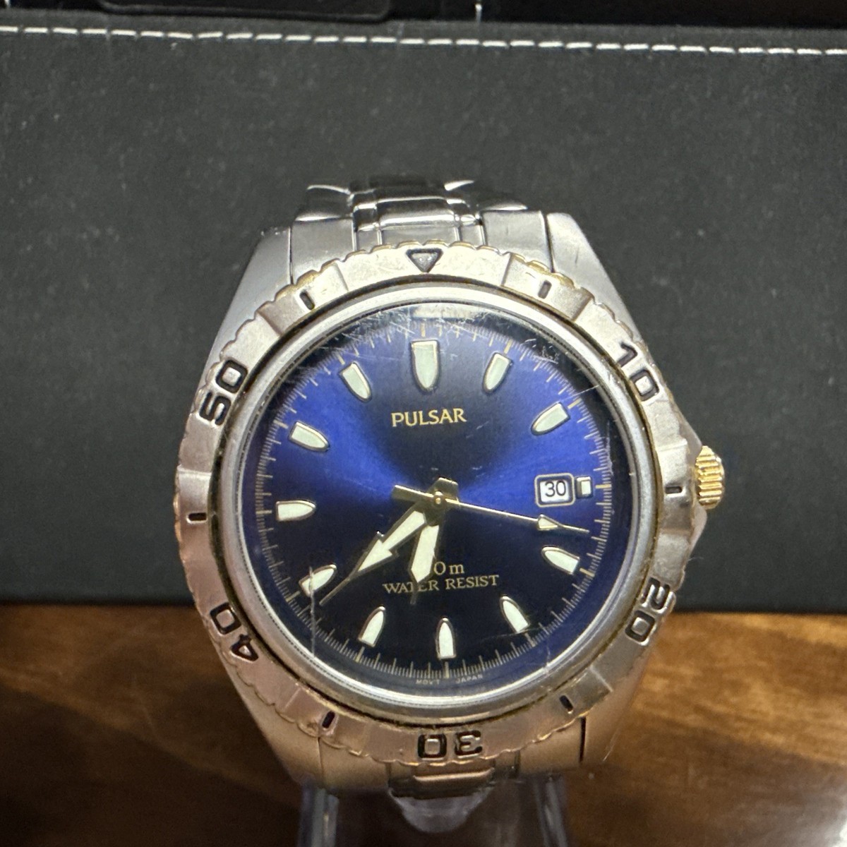 Men's Pulsar V732-X203 Date Only Wrist Watch blue Dial 40MM SS