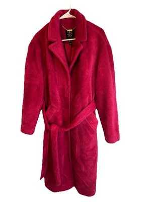 Isaac Mizrahi Long Coat Belted Ruby Red Cranberry Women s S Snaps SOFT Fuzzy