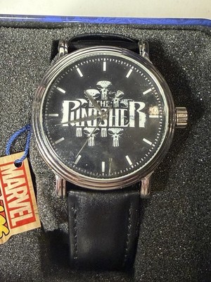 Marvel The Punisher Quartz Watch Black Dial Leather Strap New w/ Tin Box