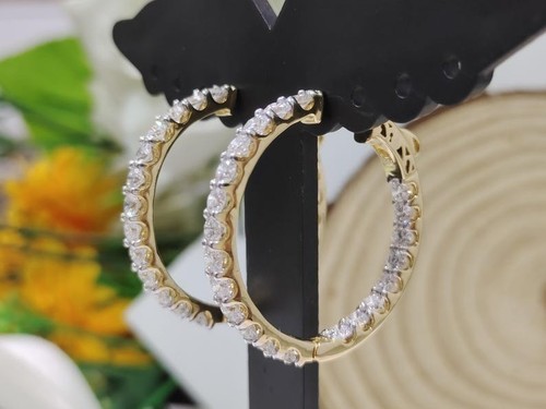 Moissanite Inside Outside Hoop Earrings 3 Carat Round Cut Solid 14K Yellow Gold - Picture 3 of 10