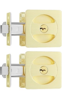 Leydebong Pack of 2 Gold Pocket Door Lock with Keys Square Pocket Door Hardware 