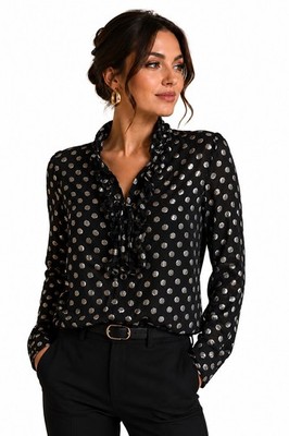 Dodo Bar Or Metallic Polka Dot Ruffle Tie Blouse Black US Size 12 EU Size 44