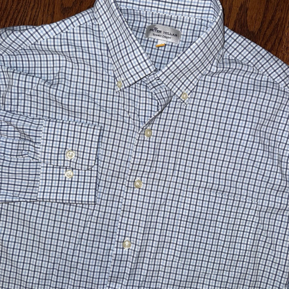 Peter Millar Summer Comfort manga larga abotonada para hombre L azul blanco a cuadros Foto 3 de 4